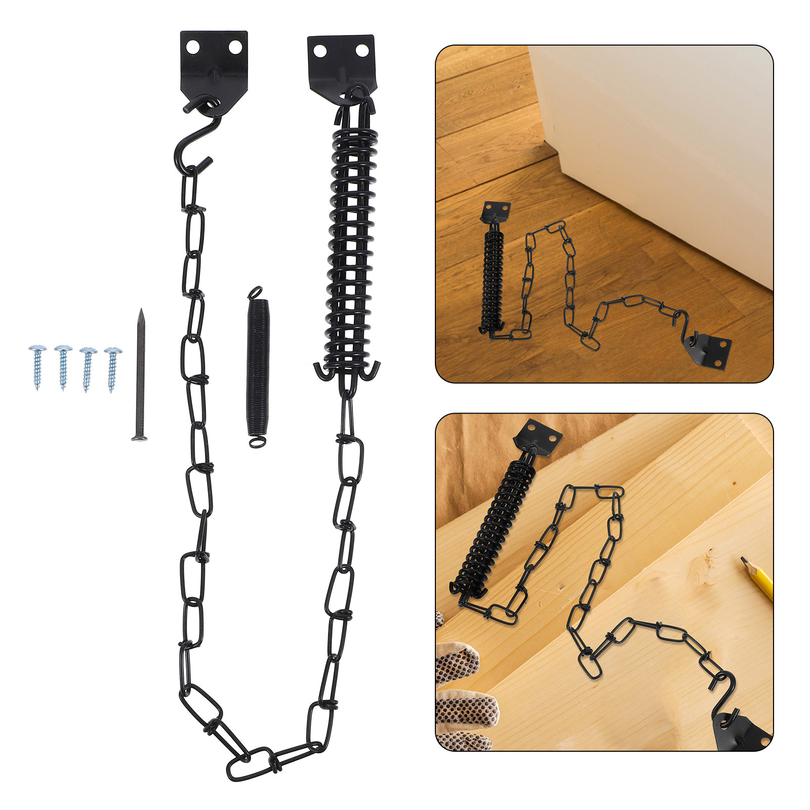 Security Chain Door - ชุดล็อคประตูแบบโซ่กันลมสำหรับงานหนัก 2 ชุด พร้อมมือจับสไตล์อเมริกัน อุปกรณ์ล็อคประตูเพื่อความปลอดภัย โซ่เหล็กปรับระดับได้สำหรับประตูหน้า