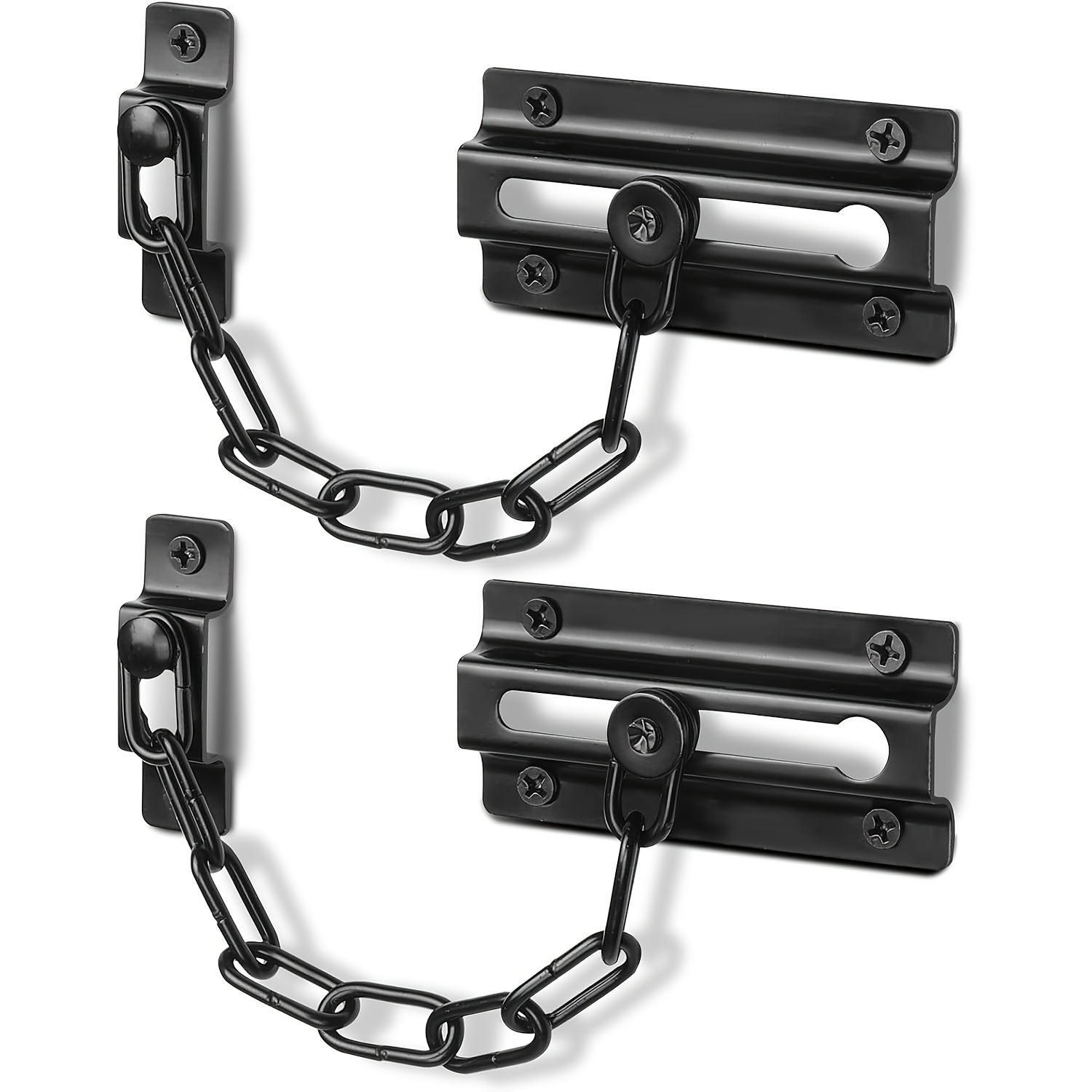 Security Chain Door - ชุดล็อคโซ่ประตู 2 ชิ้น สีดำ, โซ่ล็อคประตูเพื่อความปลอดภัยสำหรับประตูด้านใน, ล็อคโซ่ประตูแบบหนาพิเศษพร้อมสกรู